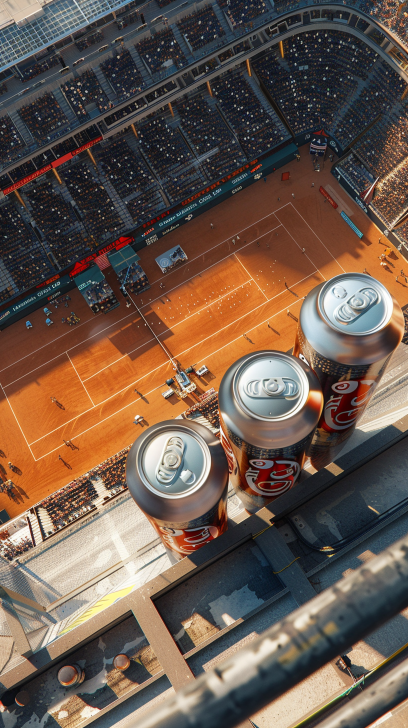 Large beer cans above Roland Garros