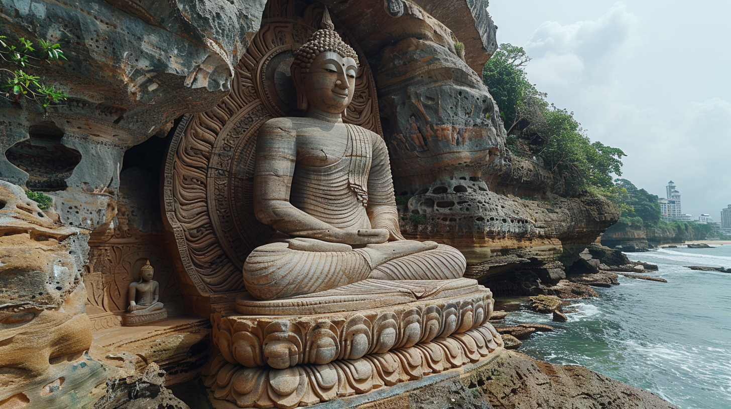 Buddha statue on cliff rocks