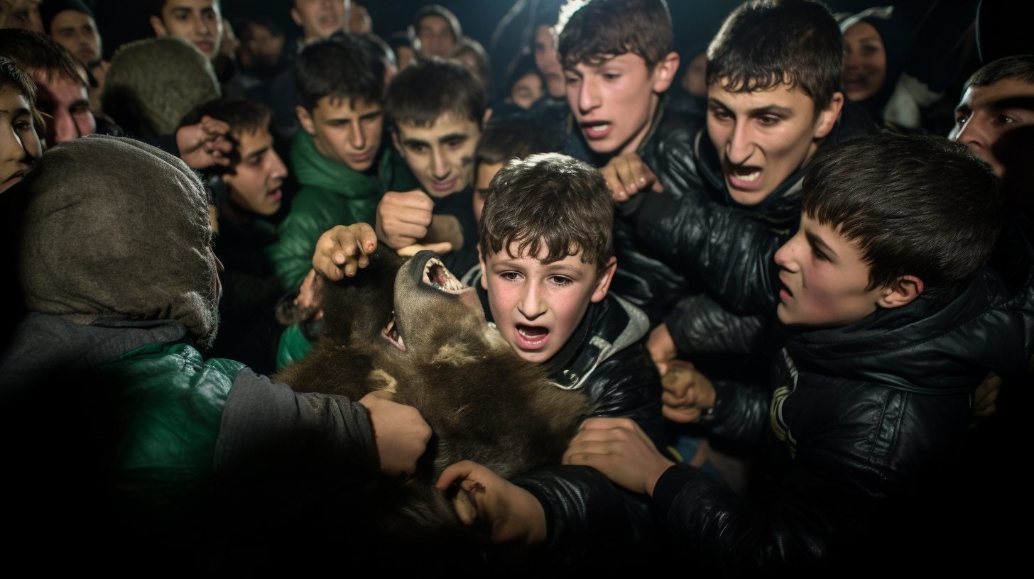 Boys wrestling with baby bear