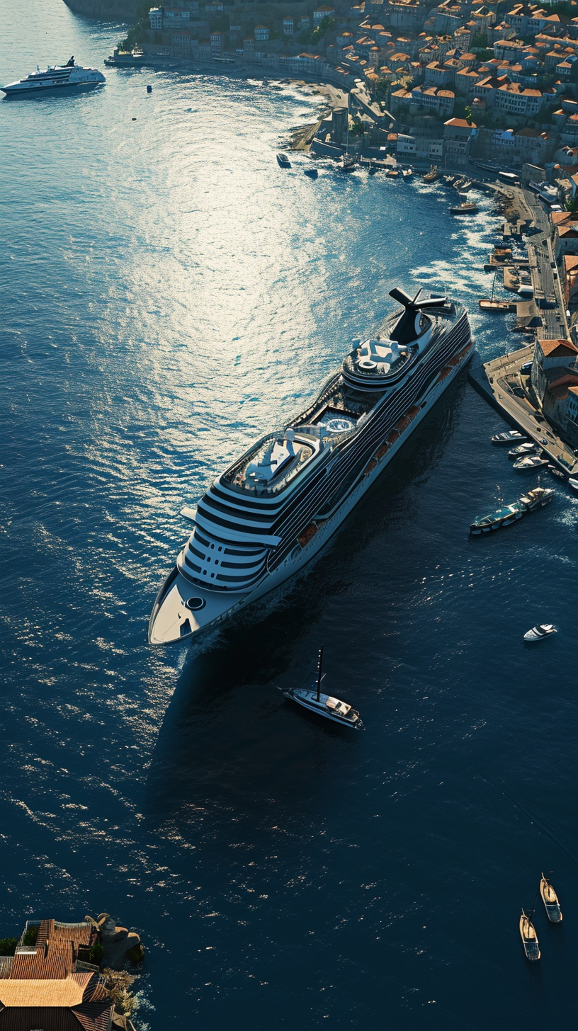 Aerial view of large cruise ship anchoring