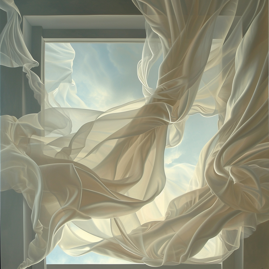 Large ivory curtain in strong wind