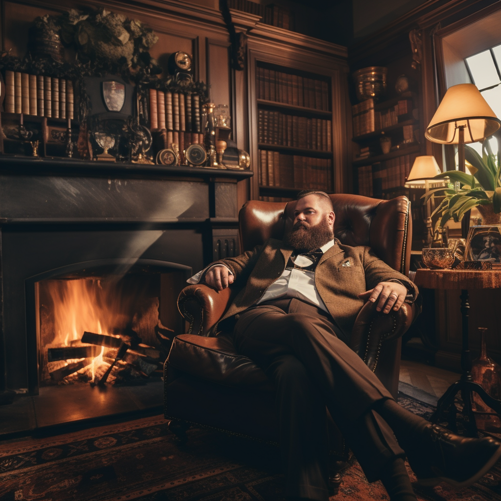 Man sitting in leather tufted chair in home library near fireplace