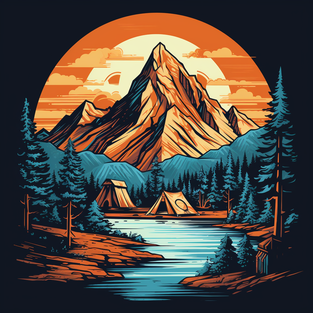 Retro mountain landscape with trees, tents, and river