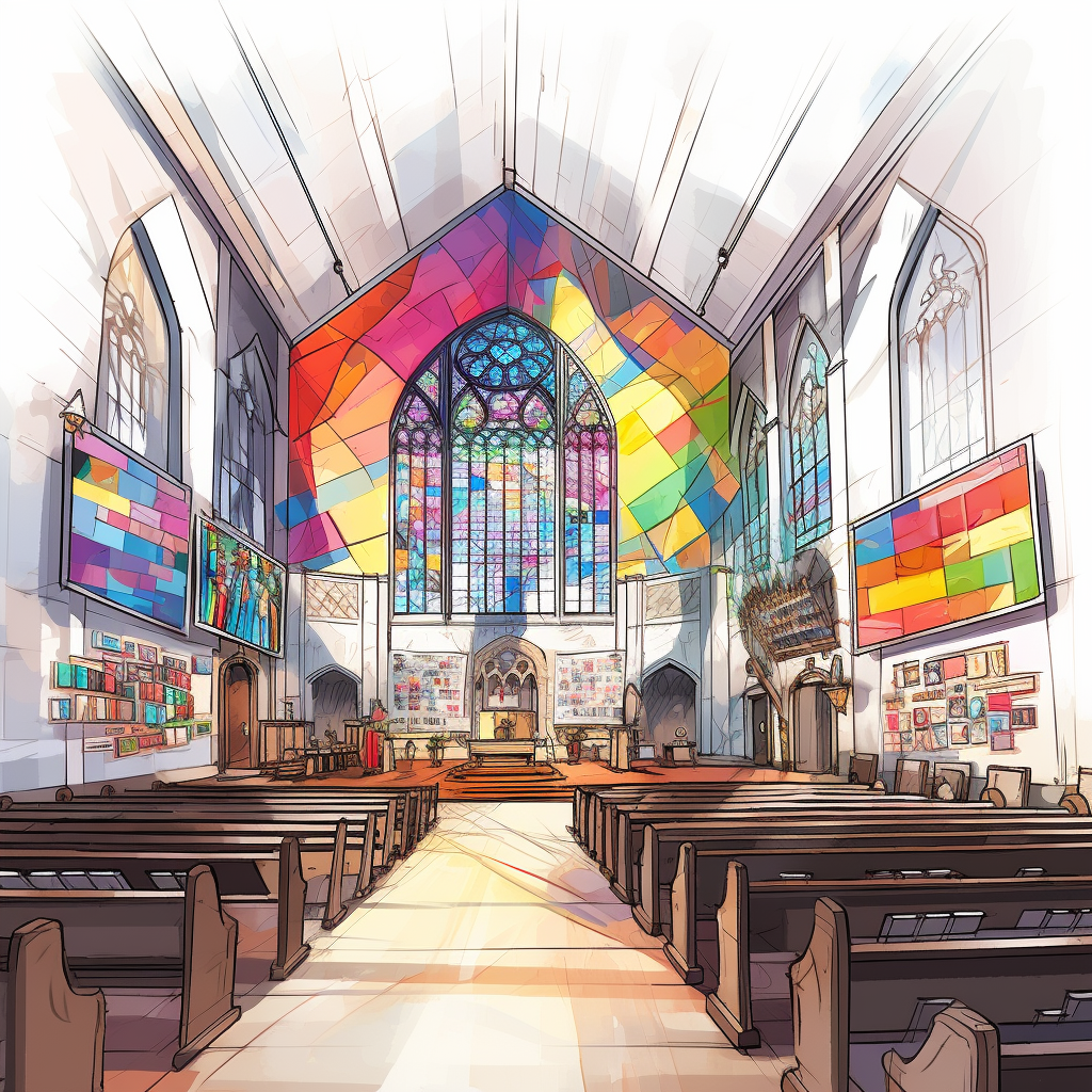 Colorful sketch of large screen in tiny church