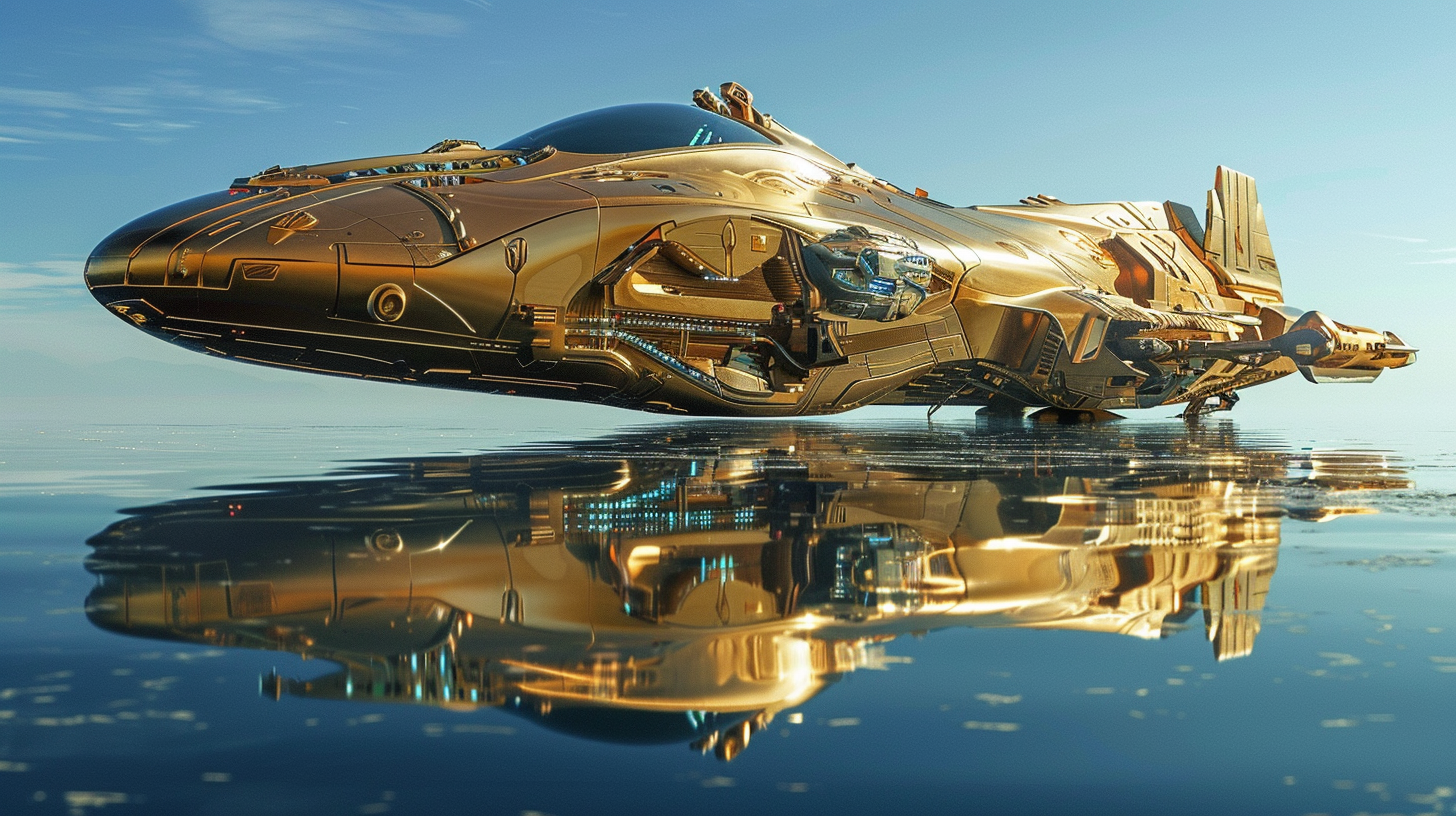 Gold Space Fighter Ship Ocean