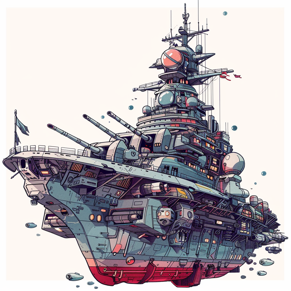 Digital colored chibi warship illustration