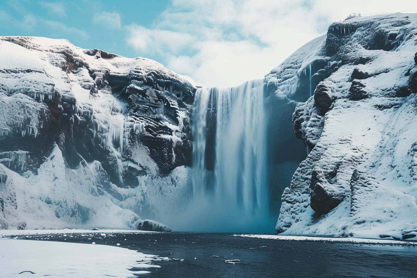 Large waterfall on snowy mountain