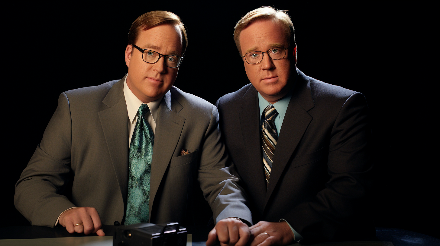 John Lasseter and Brad Bird on news desk