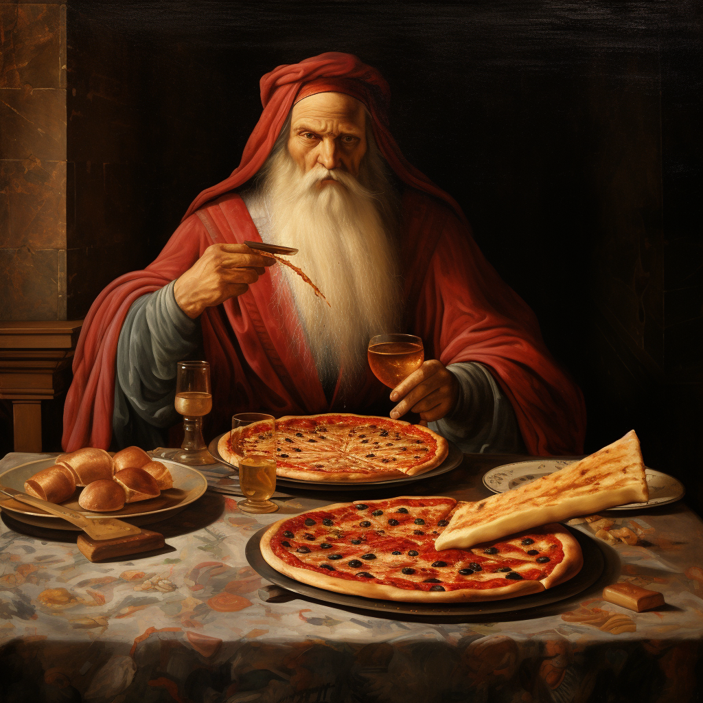 Leonardo da Vinci enjoying pizza