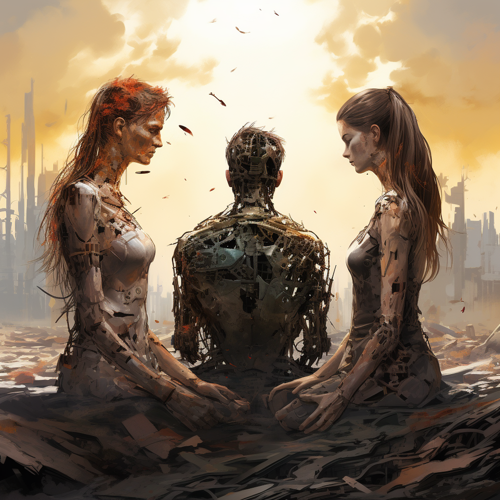 Three individuals in a poignant reunion amidst AI androids