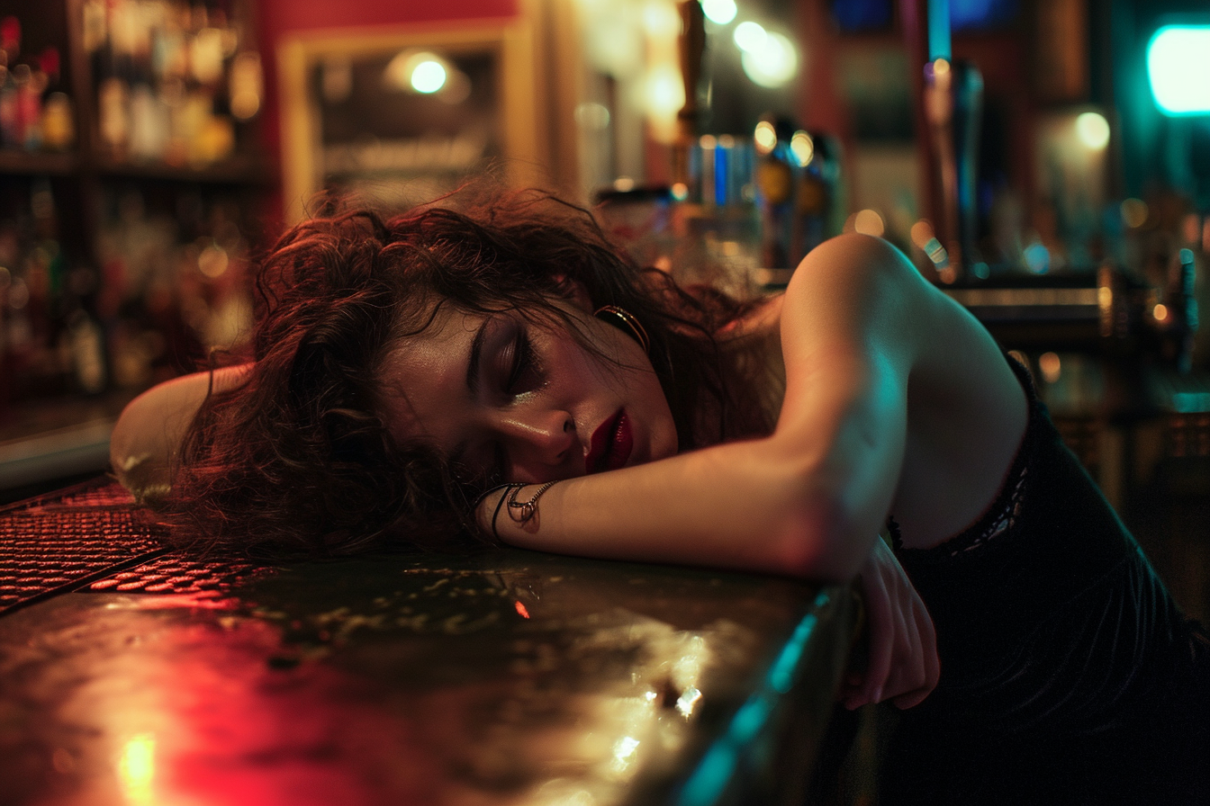 Tired woman in a late-night bar