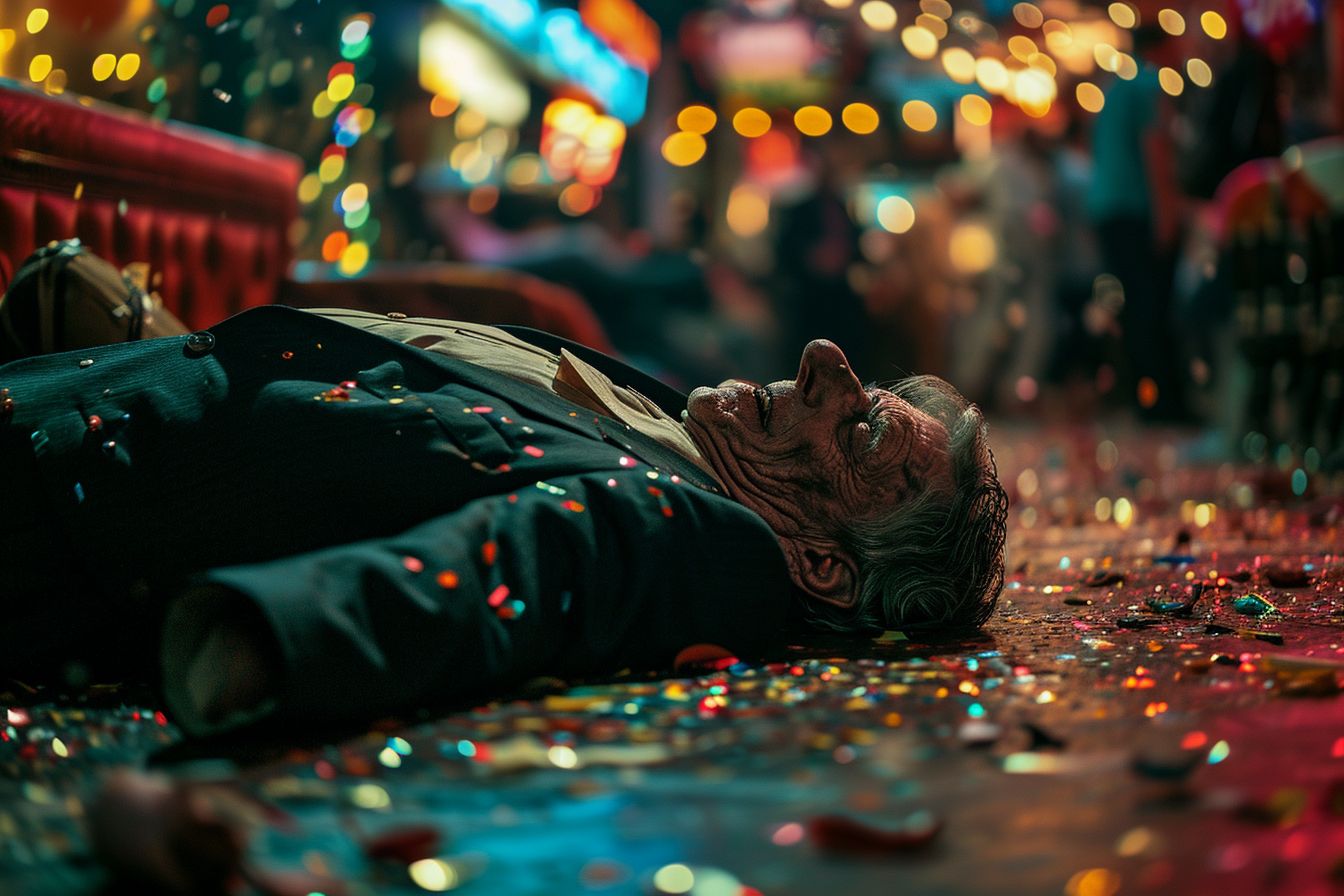 Man asleep on bar floor with confetti and streamers