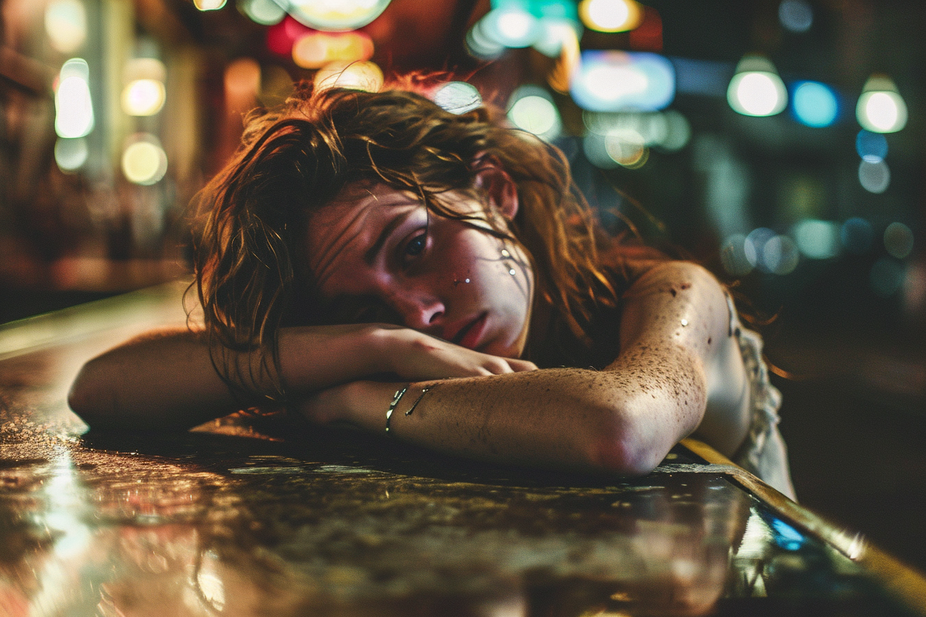 Tired woman in a late-night bar