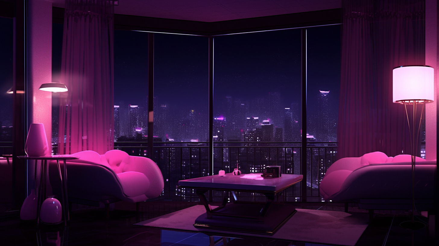 Spacious hotel suite with late night ambiance