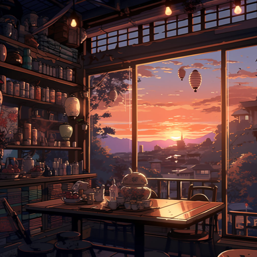 Cozy tea shop with sunrise colors and anime-inspired decor