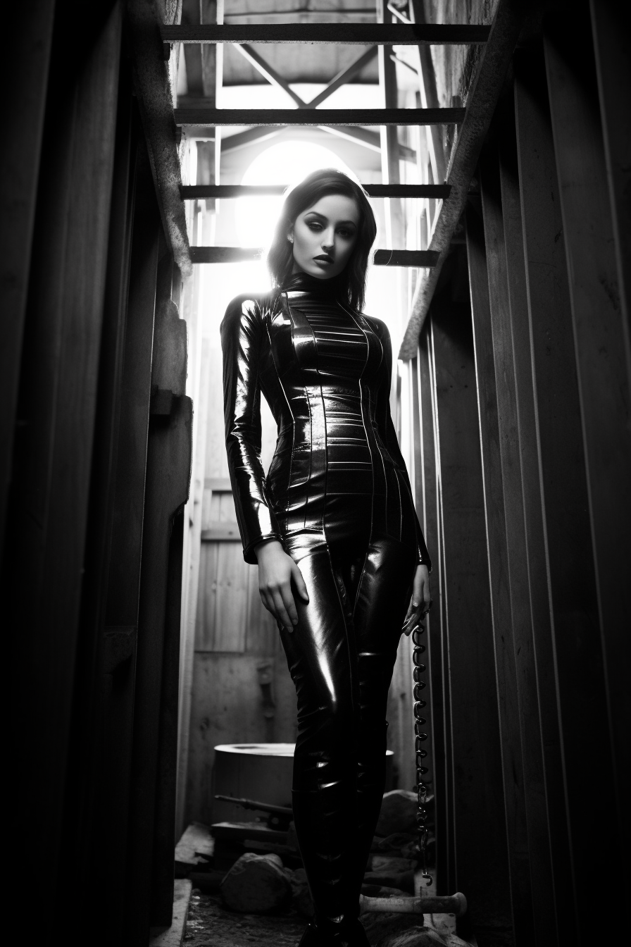 Woman in distinctive black and white latex dress