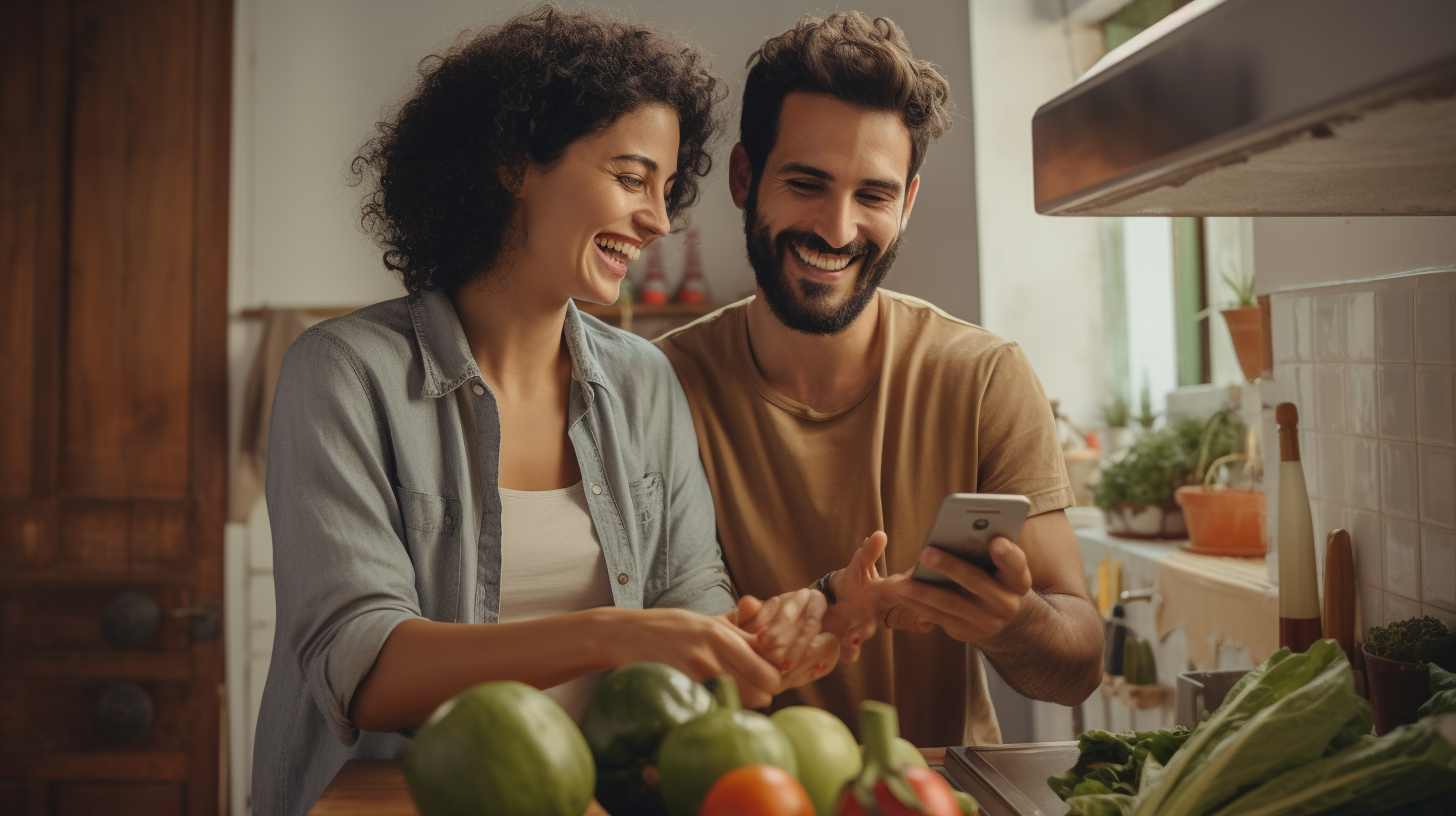 Latin couple unboxing delicious grocery