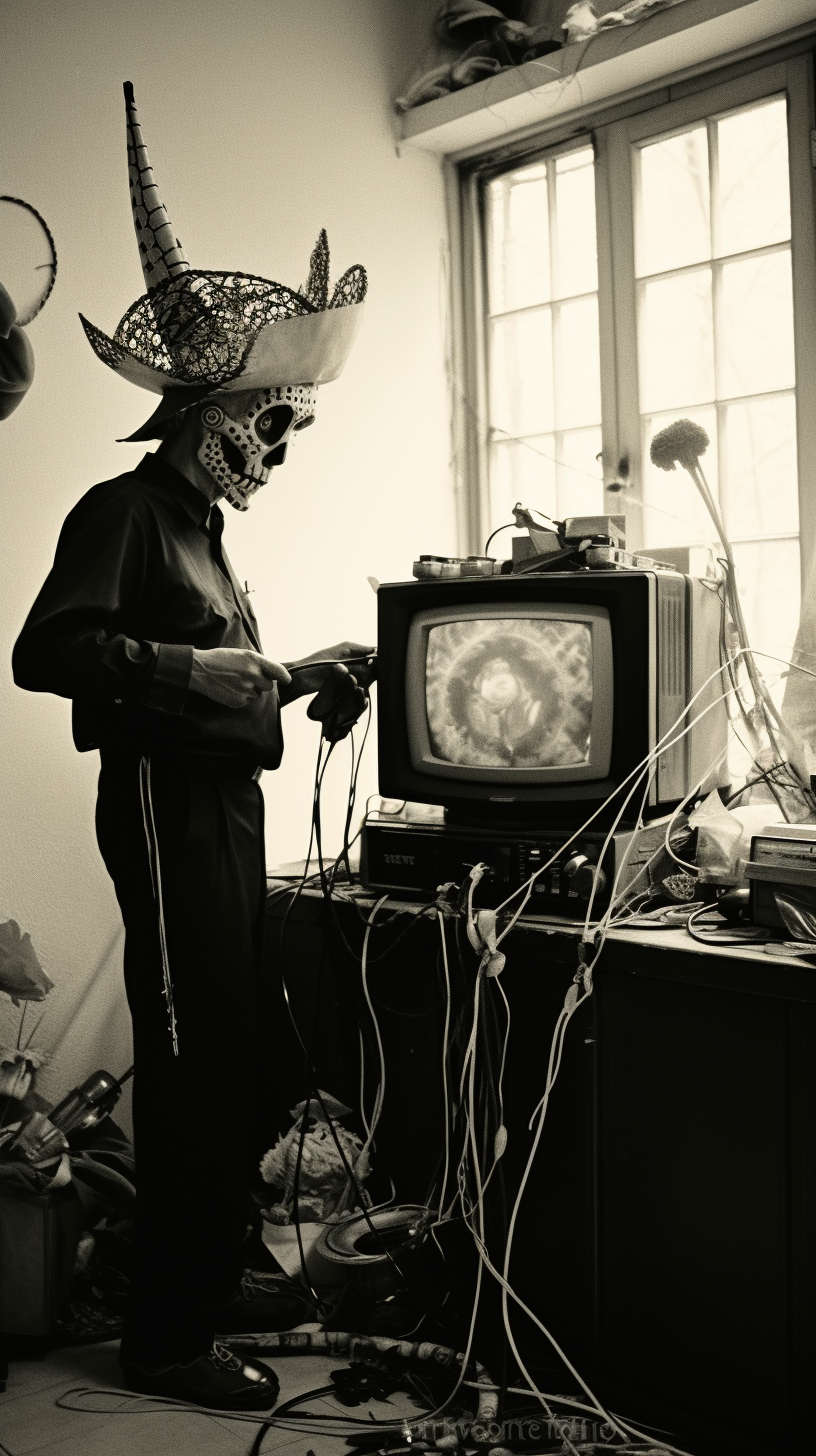 Latin dad fixing VCR TV on Día de muertos