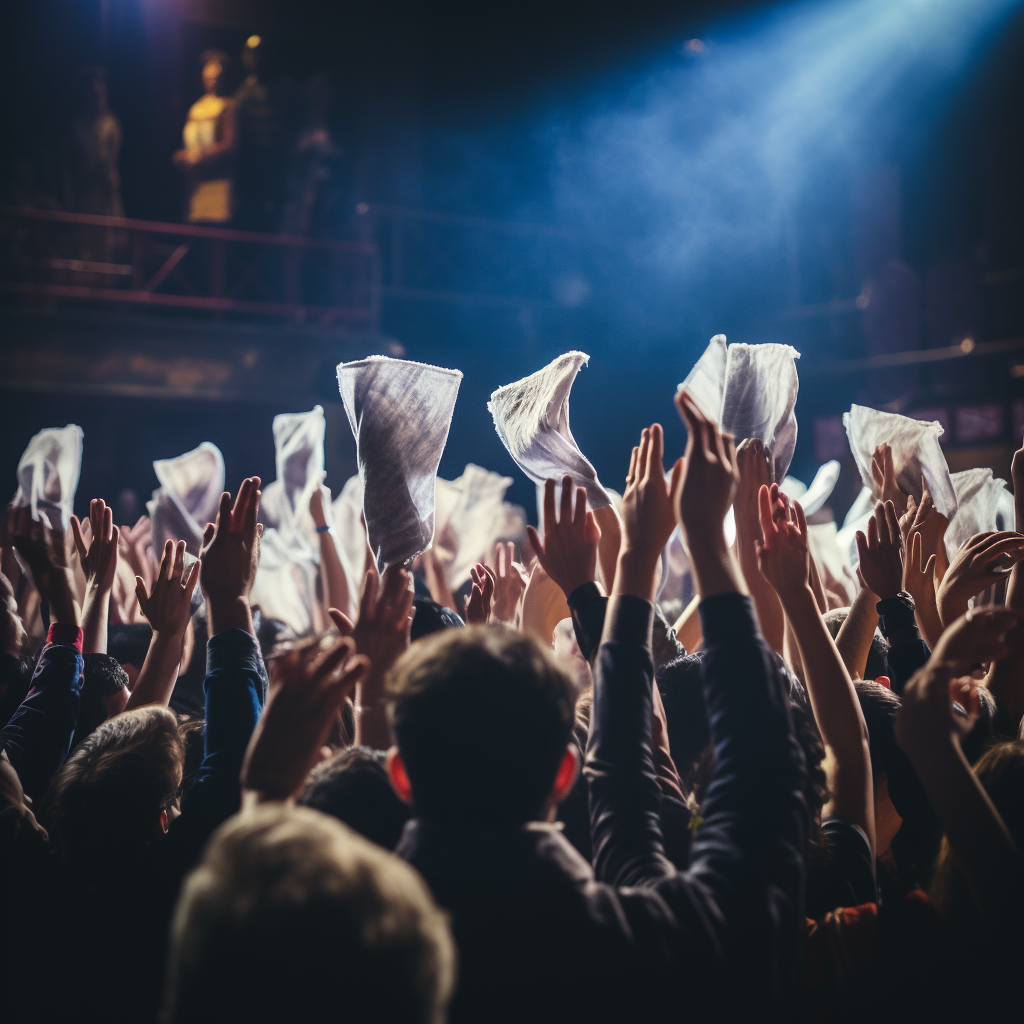 Group of Latin entrepreneurs waving towels at concert