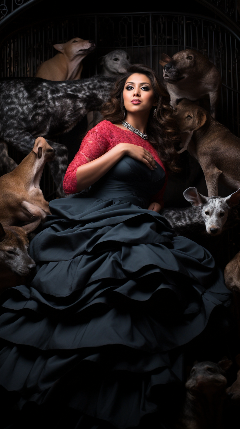 Pregnant woman with diverse mammals in fine art editorial photography