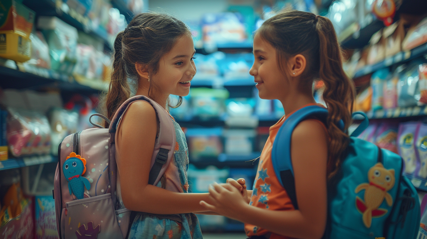 Two Latin girls with earth mermaid backpack