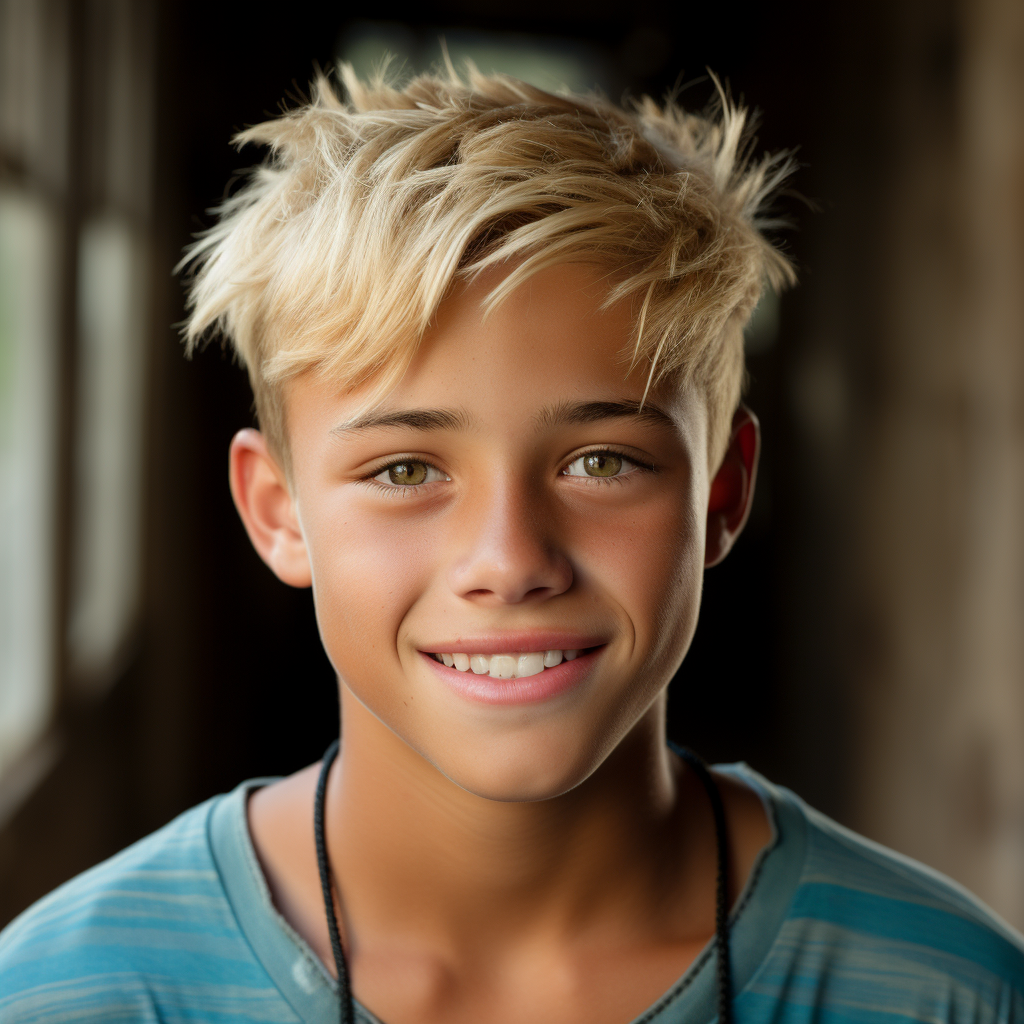 Latin teen boy with blond hair, blue eyes, and a smile