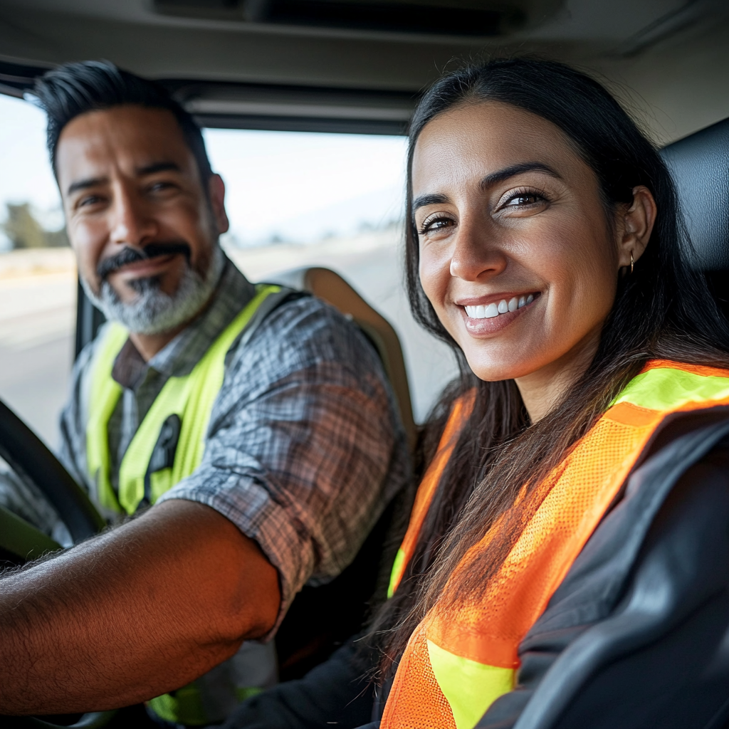 Latin truck drivers smiling highway