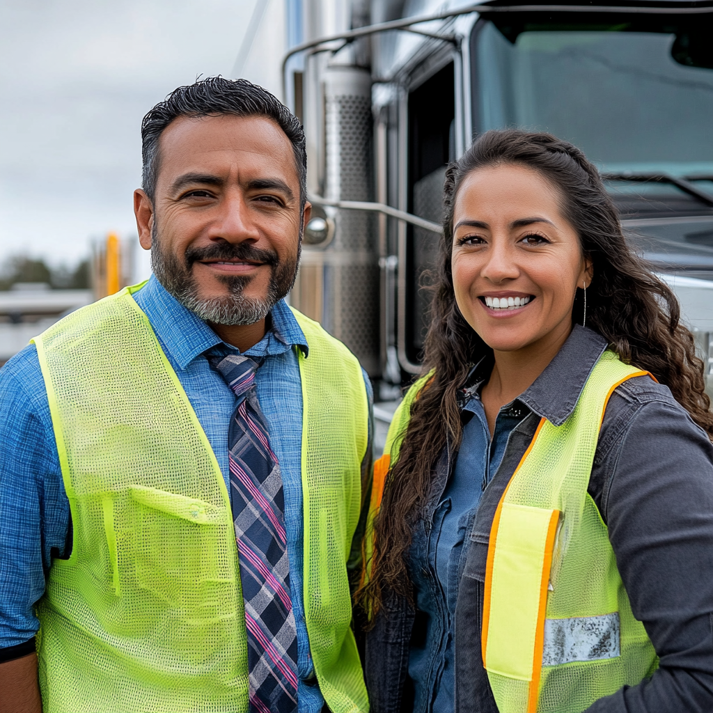 Latin team truck drivers smiling