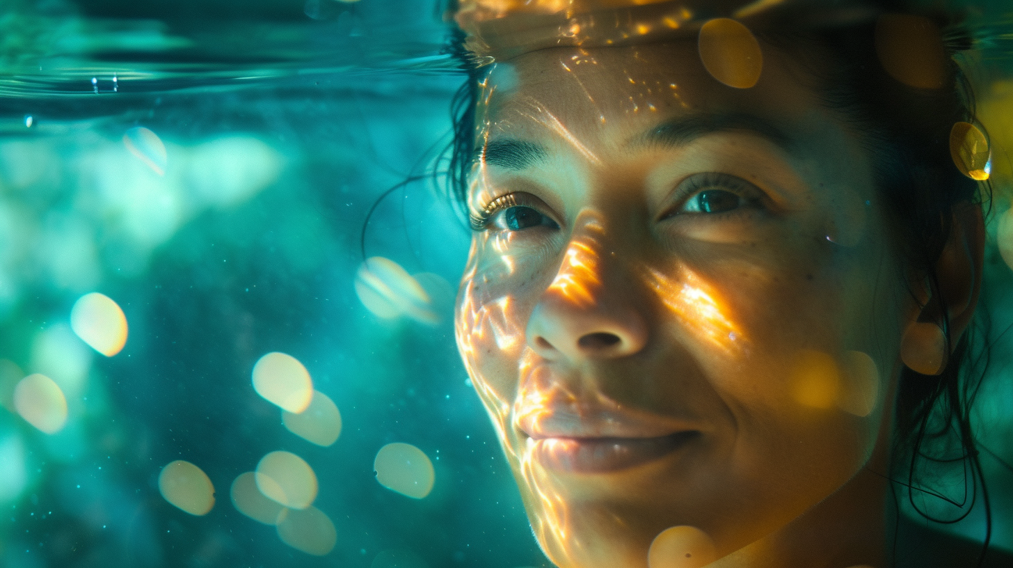 Latin woman with water tank light projection