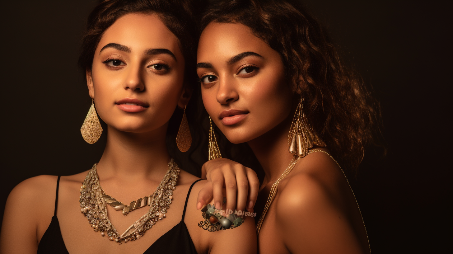 Latin women showcasing jewelry at a photoshoot