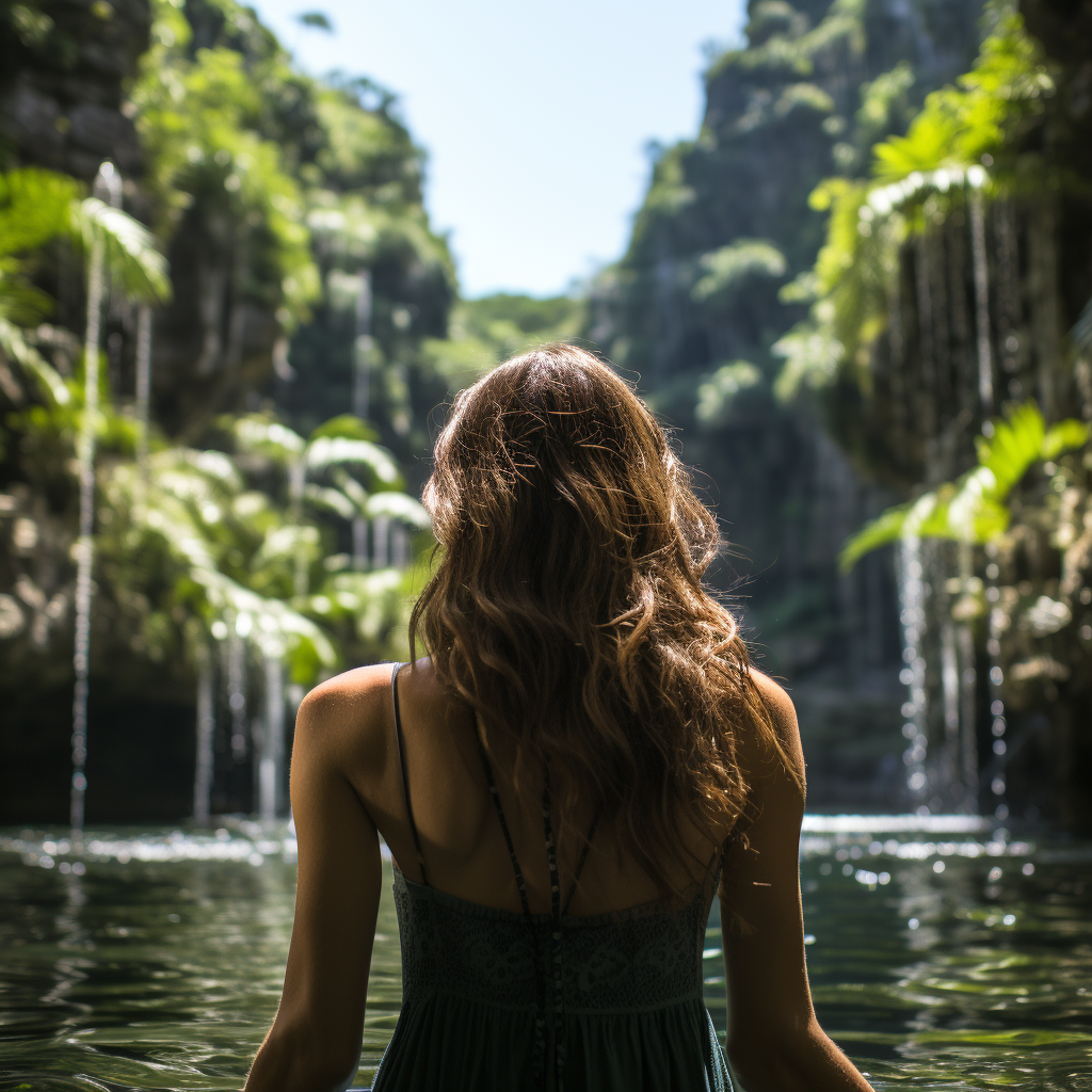 Smiling Latin American woman at waterfall