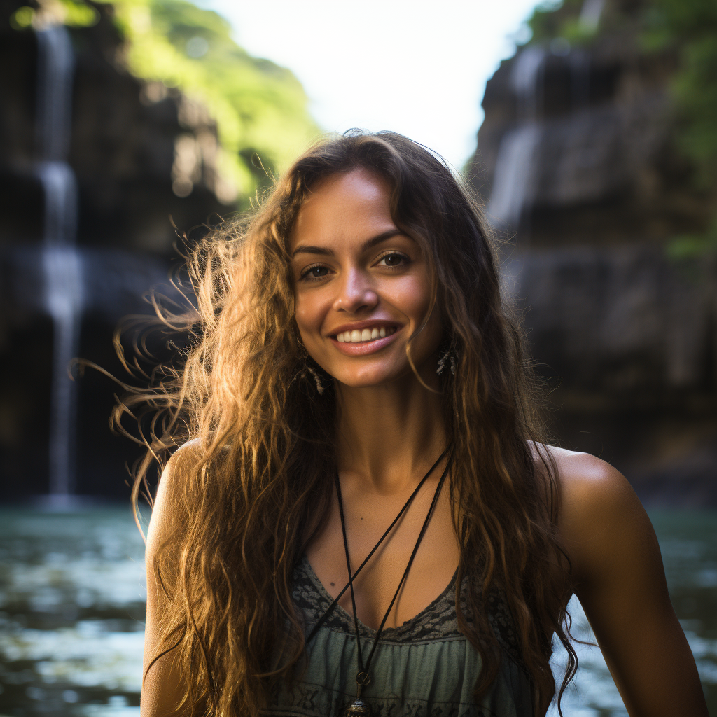 Smiling Latin American Model at Caribbean Waterfall