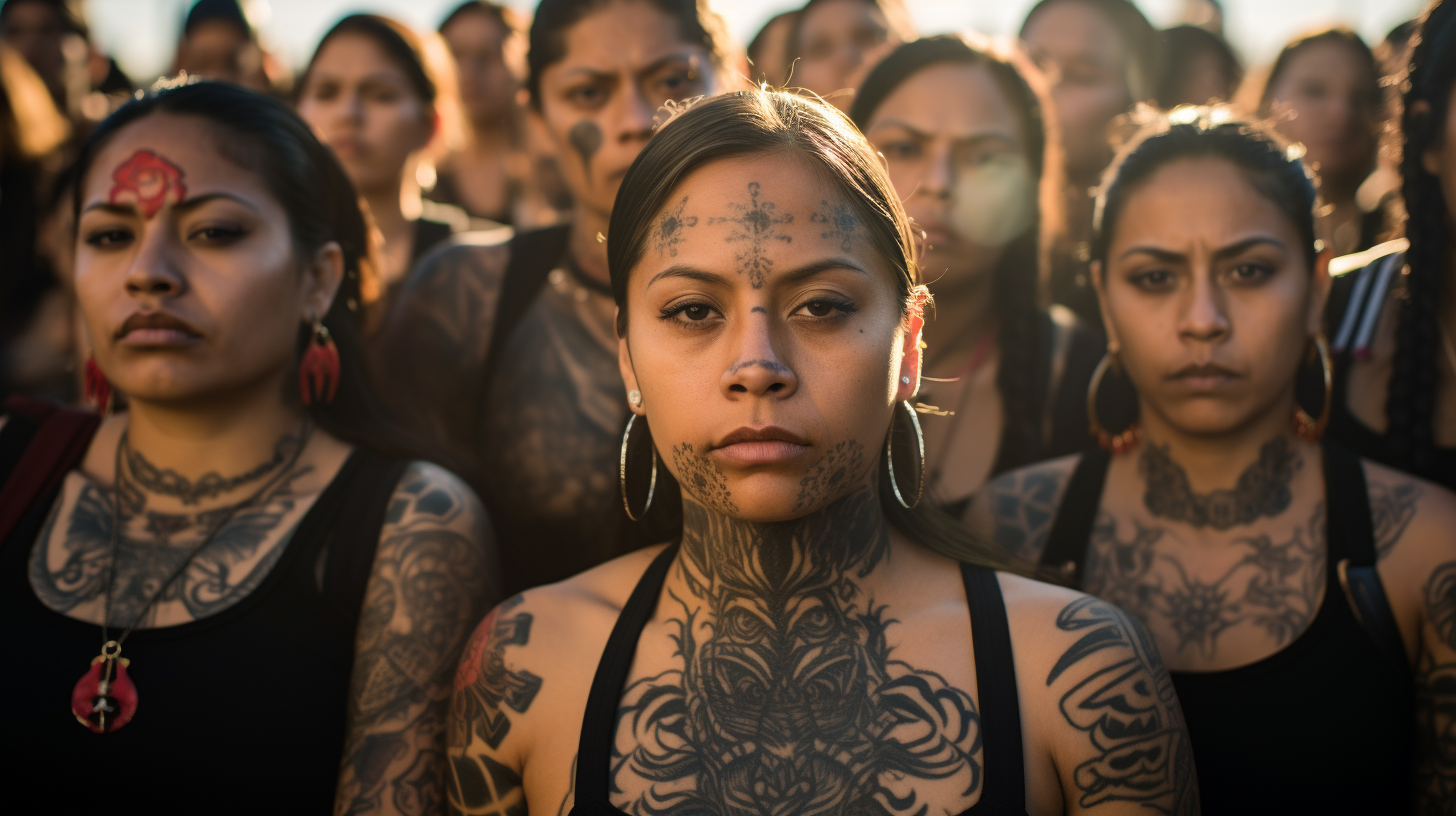 Latin American Women with tattoos in a sunlit prison yard