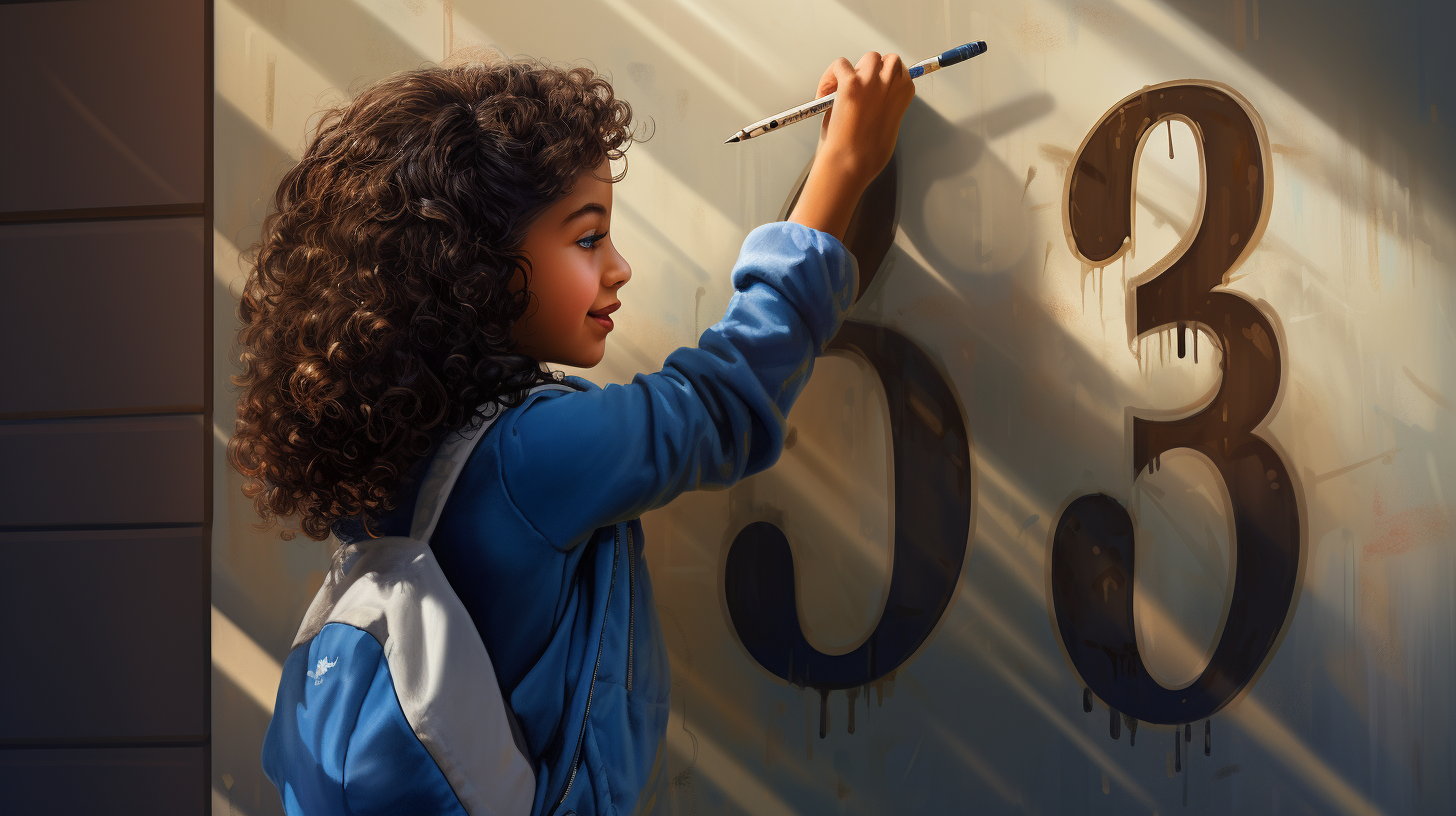 Latin girl with blue cape fixing gold number on wall