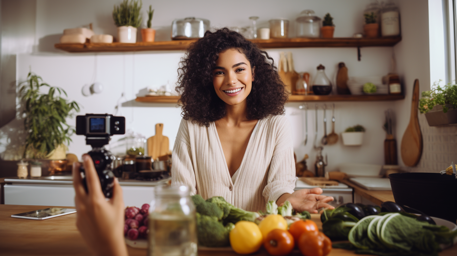 Beautiful Latin girl filming grocery unboxing