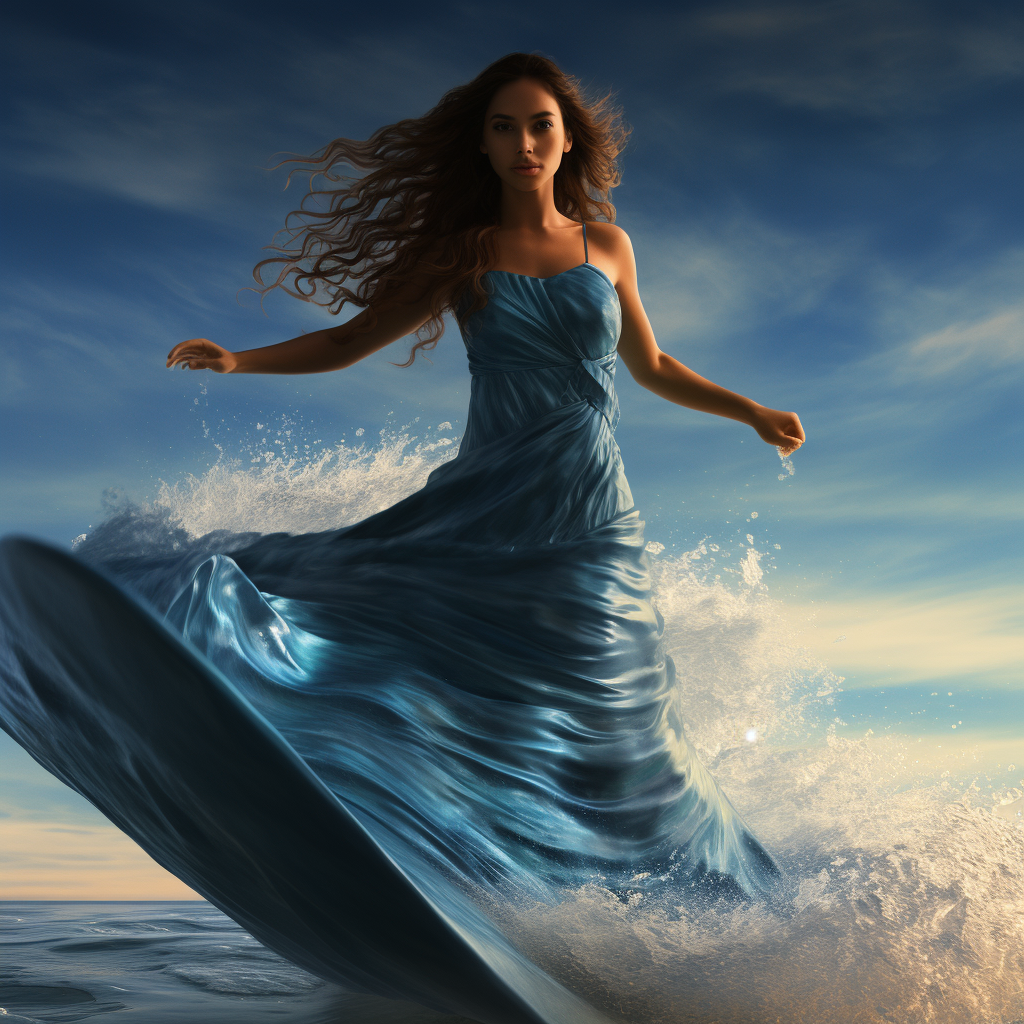 Latin model gracefully surfing in blue dress