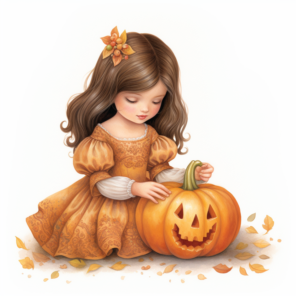 Whimsical Latina Girl Carving Pumpkin