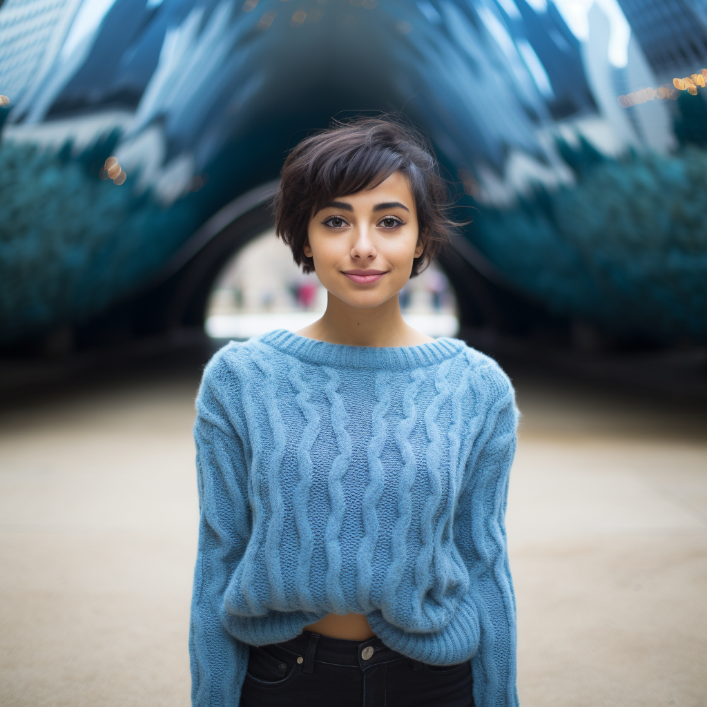 Latina girl with wavy short hair and blue jumper at Cloud Gate