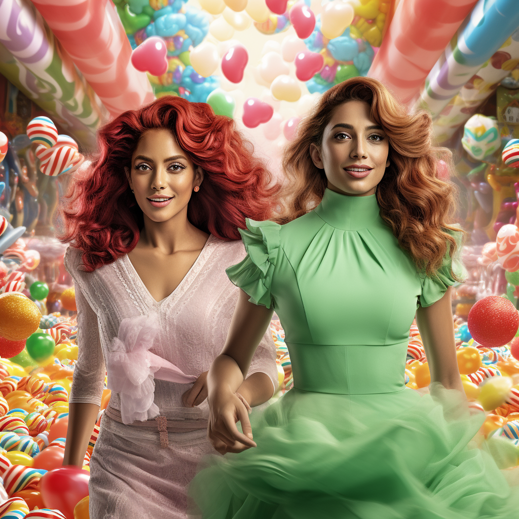 Latina and Julia Roberts exploring a vibrant candyland