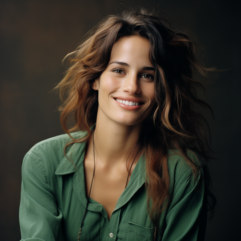 Portrait of Latina Julia Roberts with green hair and dimples