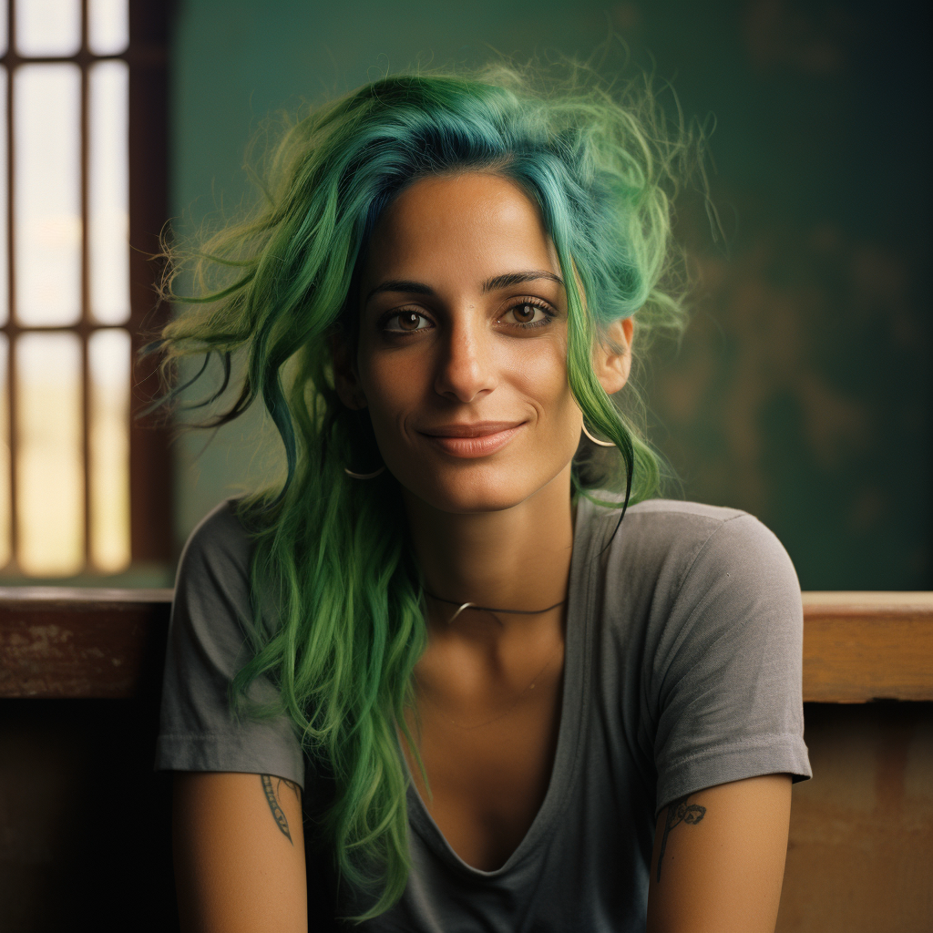 Vibrant portrait of Latina Julia Roberts with green hair