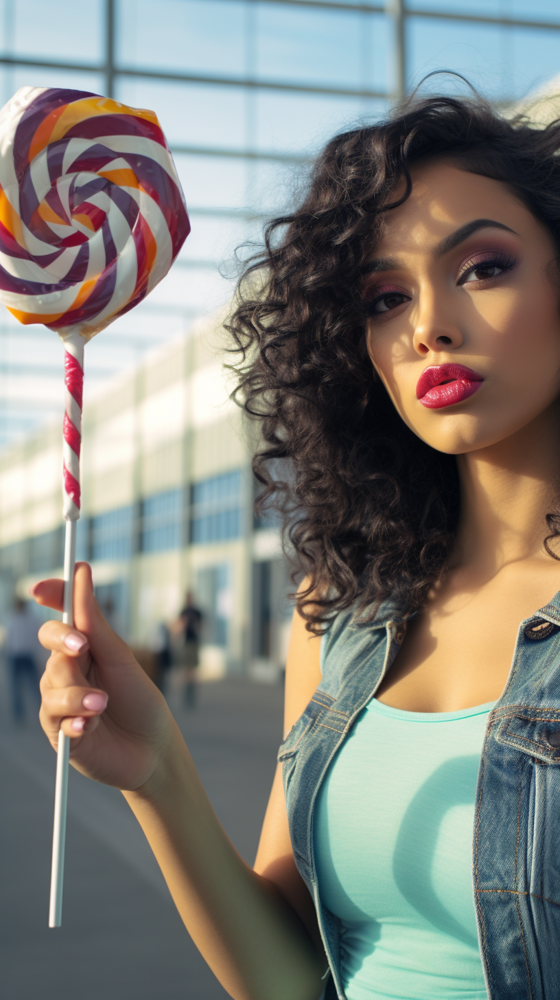 Latina model taking a selfie at the airport with a lollipop