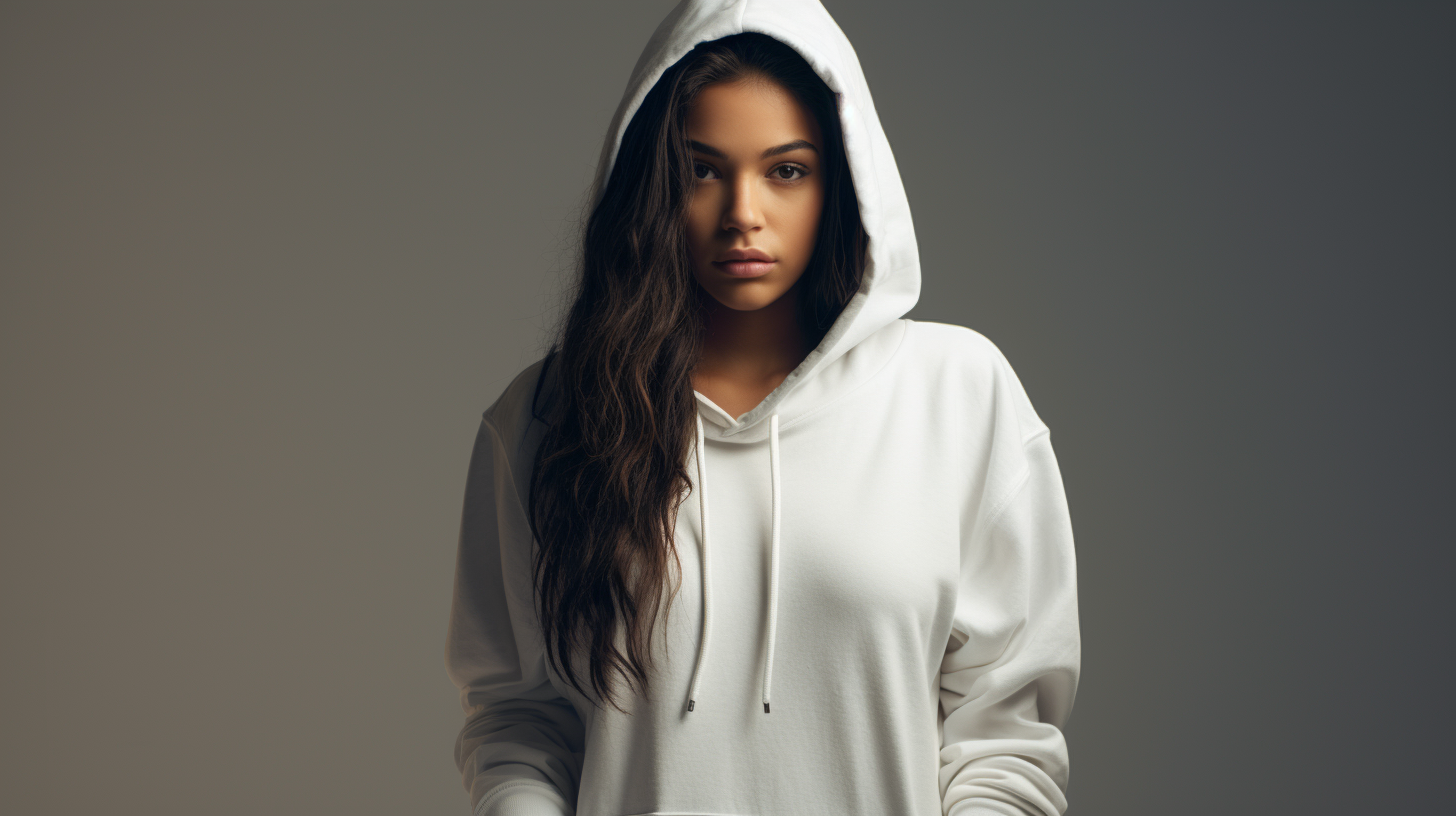 Latina model wearing white hoodie