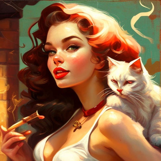 Beautiful Latina Pin Up Girl with a White Kitten