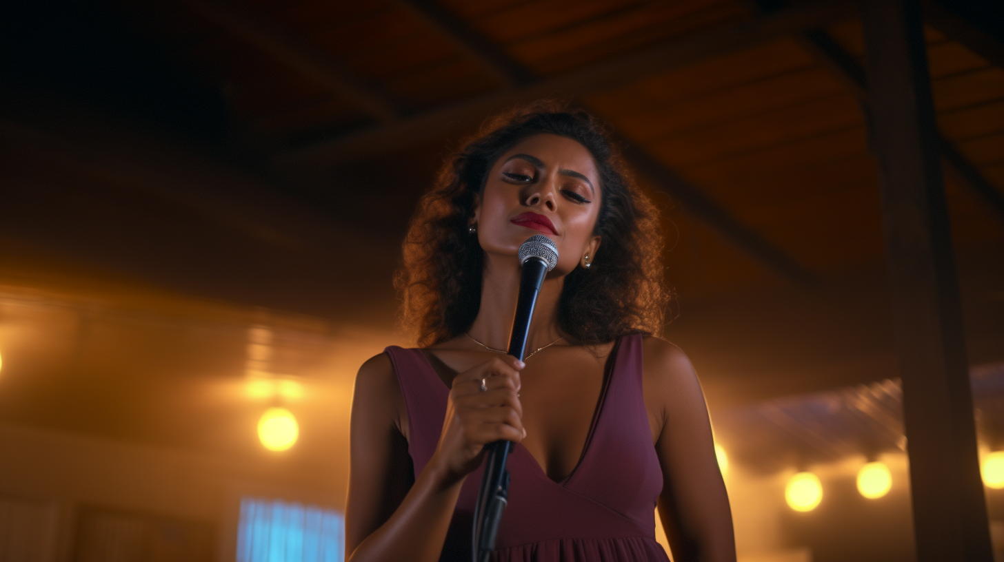 Beautiful Latina woman in gala dress performing onstage