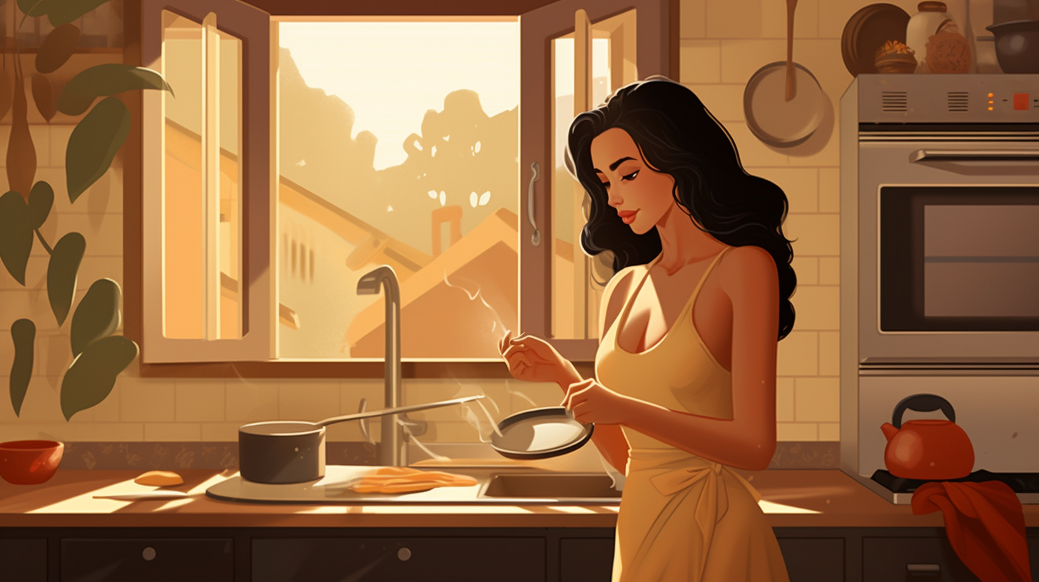 Latina woman making pancakes in Italian kitchen