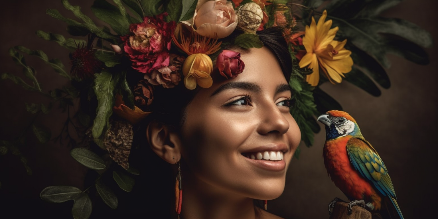 Smiling Latina woman with plants and birds on her head