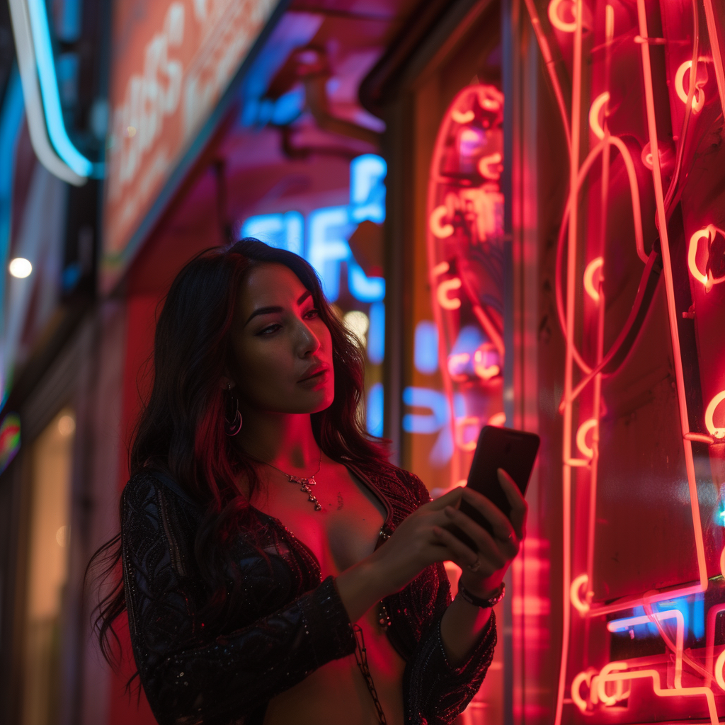 Latina woman searching phone in city