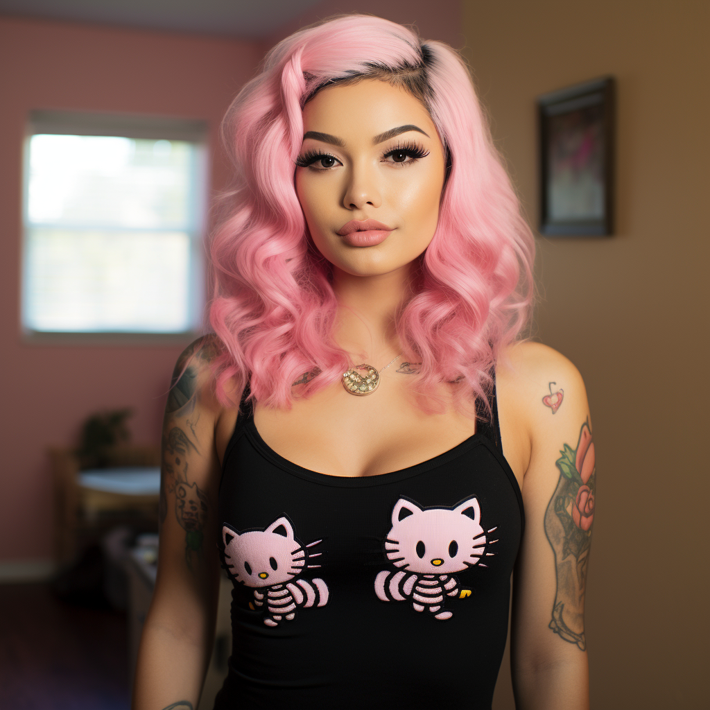 Latina woman in pink Hello Kitty room