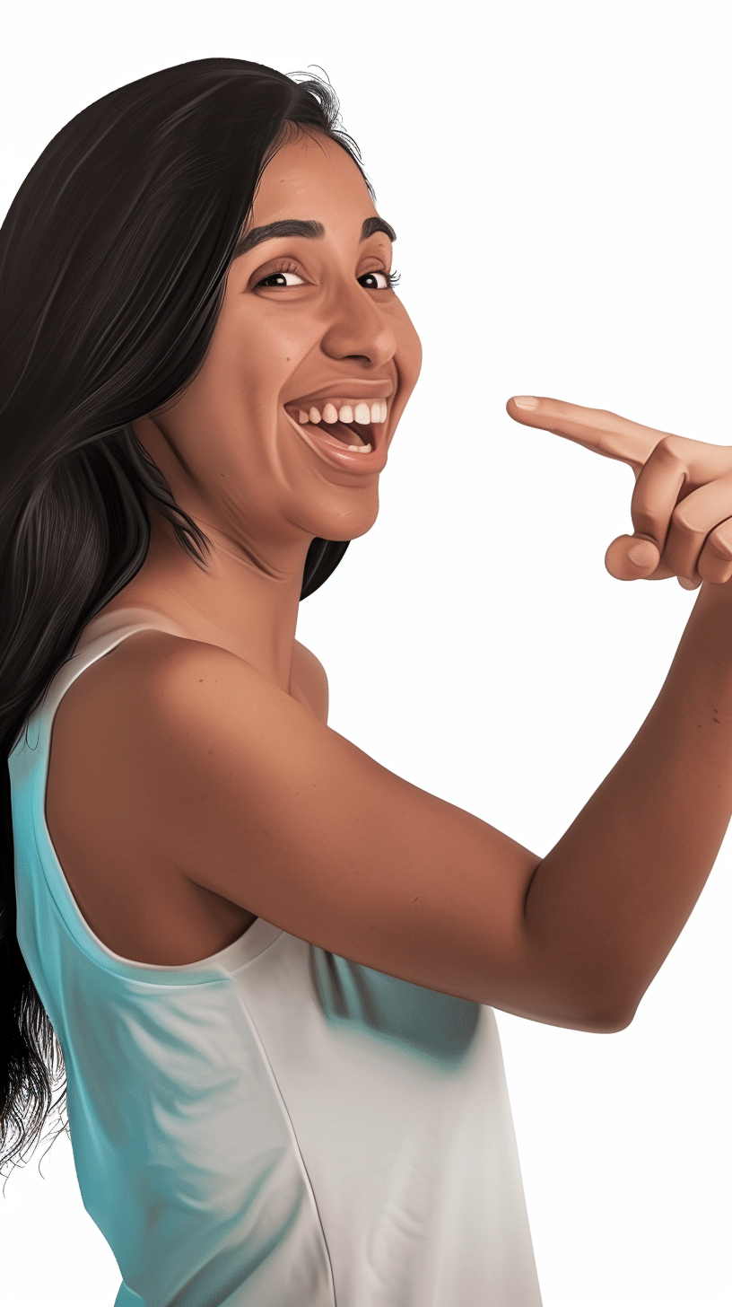 latina woman pointing right smiling